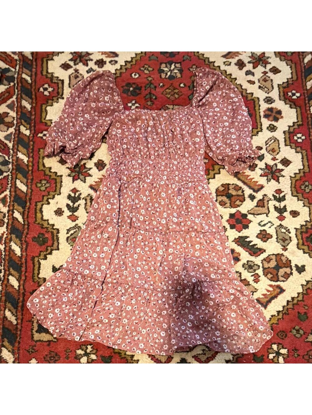 Trixxi Pink Floral Smocked Ruffle Puff Short Sleeve Square Neck Midi Dress M